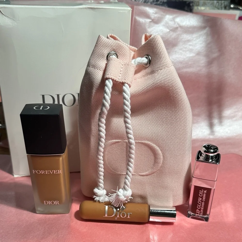 Dior Pink Drawstring Pouch, Forever Dior in4.5N, Dior Backstage 5N, lip Glow